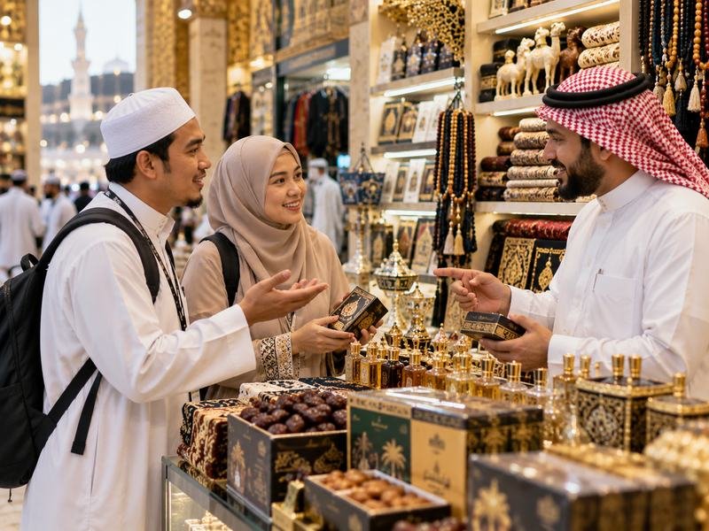 Jamaah umroh berkomunikasi dengan penjual saat berbelanja