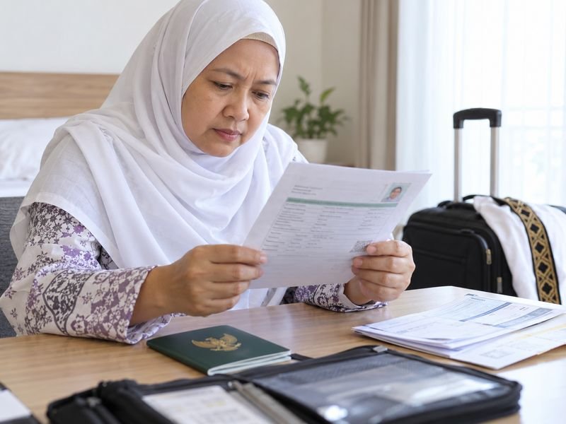Jamaah mengecek data identitas pada surat kesehatan sebelum berangkat
