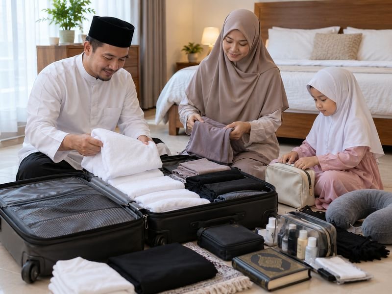 jamaah menyiapkan barang untuk perjalanan umrah