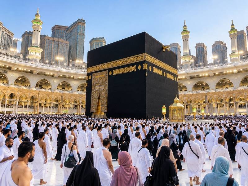 suasana area tawaf di sekitar Ka'bah saat jamaah beribadah