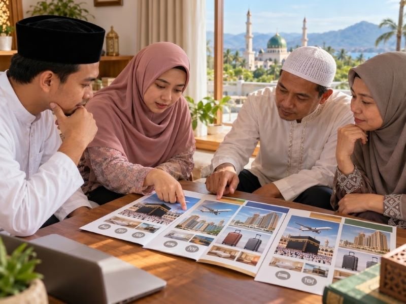 Calon jamaah membandingkan rincian harga paket umroh dari Lombok Timur sebelum mendaftar