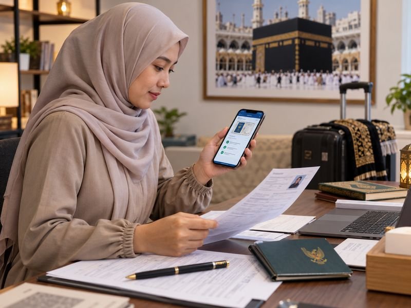 Calon jamaah memeriksa berkas melalui layanan M-Paspor
