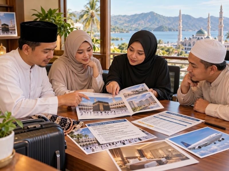 Calon jamaah memeriksa brosur promo umroh dan ketentuan pembayaran sebelum keberangkatan