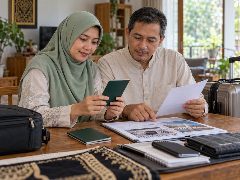 Calon jamaah menyiapkan paspor untuk perjalanan umrah dan Mesir