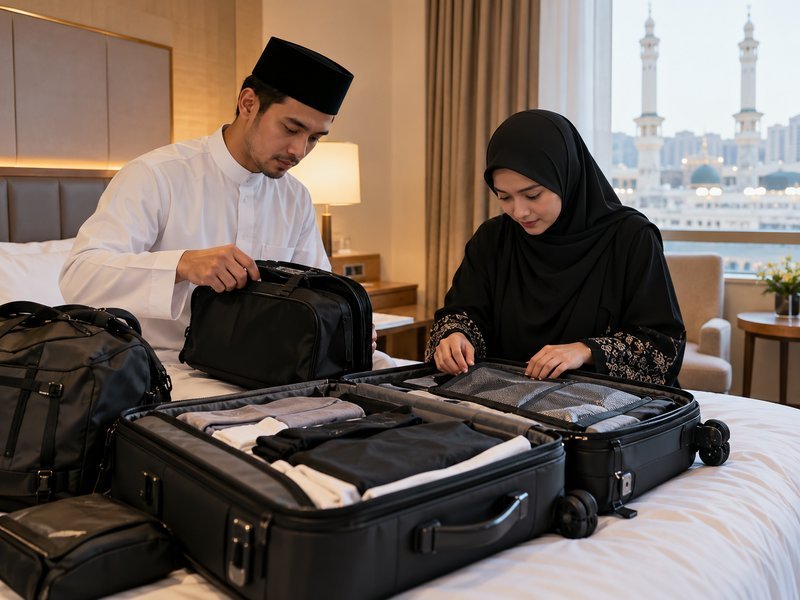 Calon jamaah umroh memeriksa kualitas koper dan tas perjalanan sebelum keberangkatan