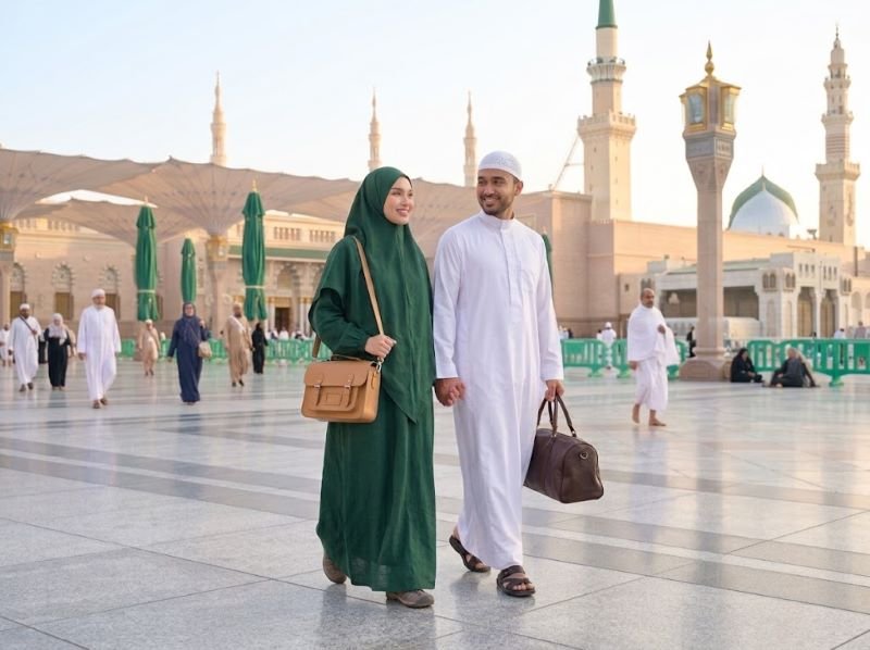 Gamis perjalanan umrah yang mudah dipadukan dengan jilbab dan alas kaki
