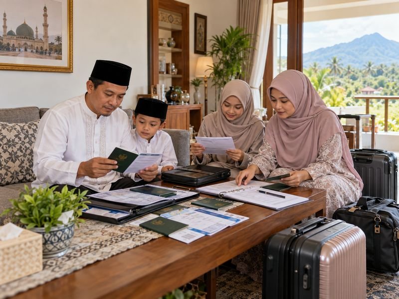 Jamaah Lombok menyiapkan dokumen sebelum keberangkatan umrah