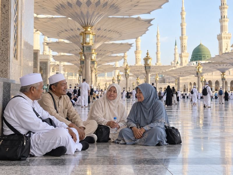 Jamaah beristirahat di pelataran Masjid Nabawi Madinah