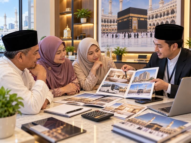 Jamaah mengecek fasilitas paket umroh sebelum pembayaran