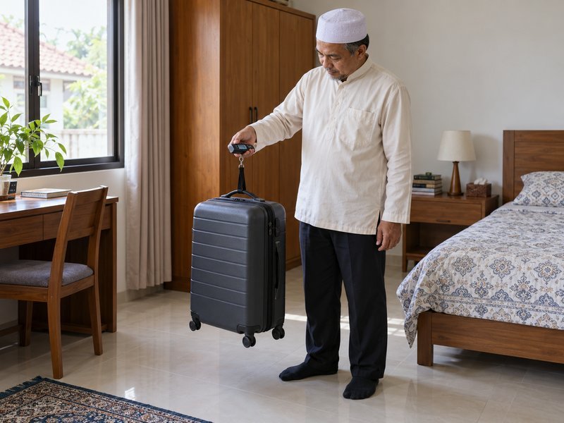 Jamaah menimbang koper umrah menggunakan timbangan bagasi portabel