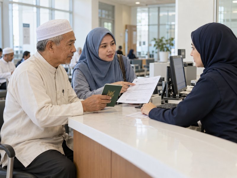 Jamaah menunjukkan identitas dan bukti asuransi kepada petugas rumah sakit