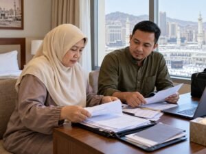 Jamaah menyiapkan dokumen klaim asuransi umrah sakit di saudi bersama pendamping
