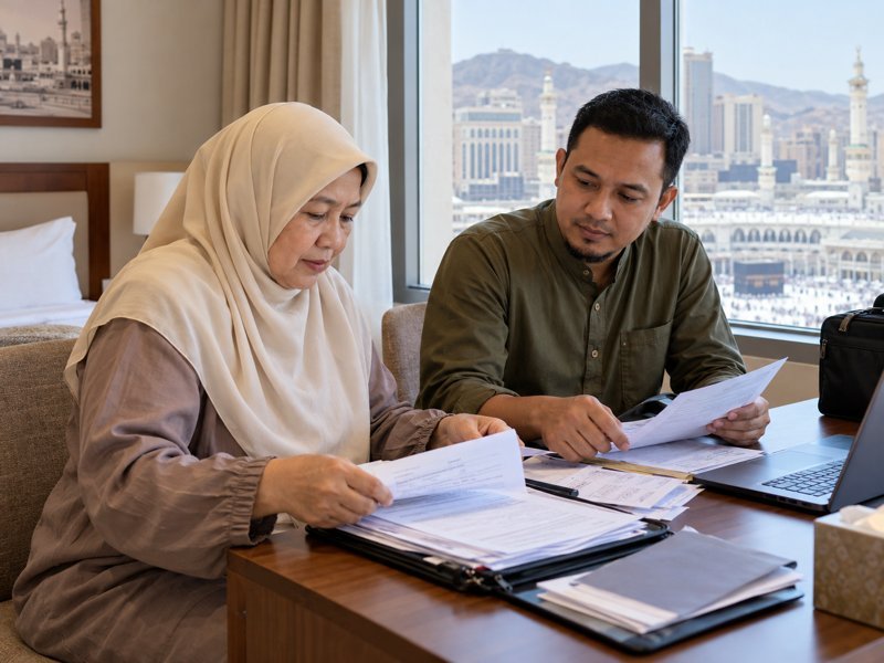 Jamaah menyiapkan dokumen klaim asuransi umrah sakit di saudi bersama pendamping
