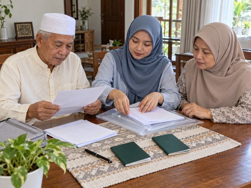 Jamaah menyiapkan dokumen perjalanan bersama keluarga