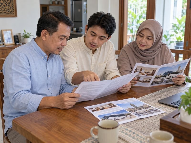 Keluarga membaca rincian fasilitas dan perjanjian paket umrah