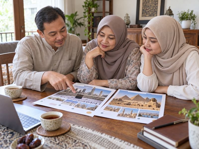 Keluarga membandingkan itinerary umrah reguler dan umrah plus Cairo