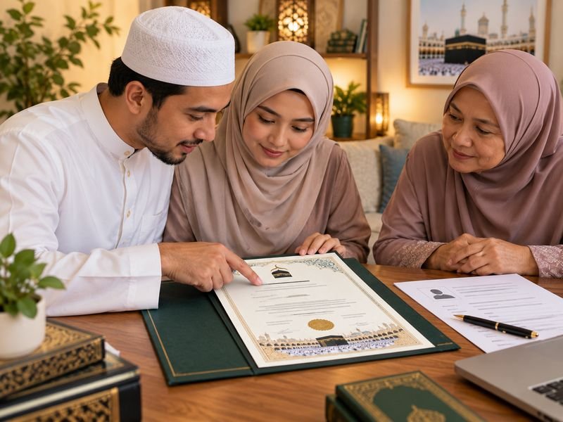 Keluarga memeriksa nama penerima badal dalam dokumen