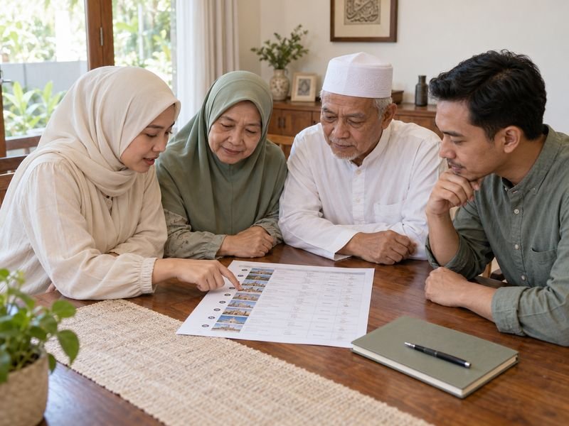 Keluarga mempelajari itinerary perjalanan umrah sembilan hari