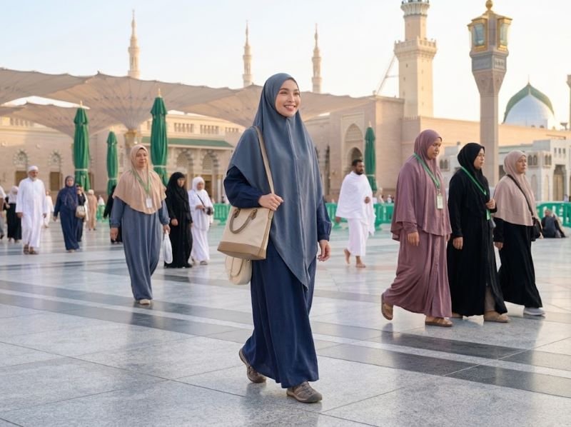 Model gamis muslimah longgar yang praktis untuk aktivitas selama umrah