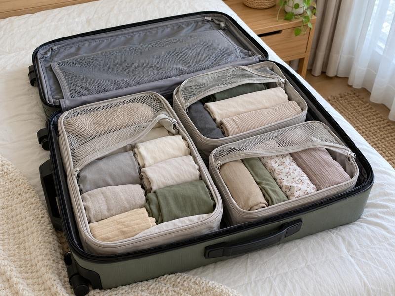 Pakaian digulung rapi dalam packing cube di dalam koper
