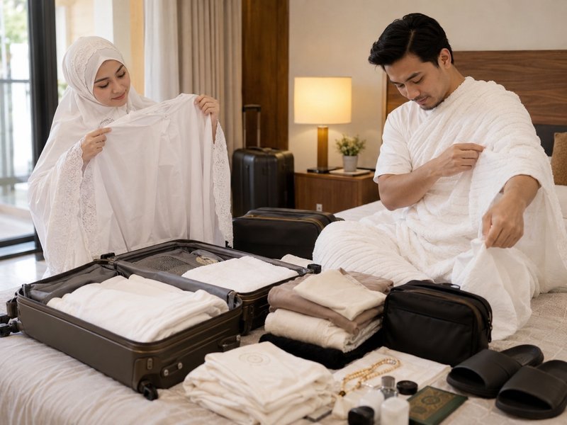 Pemeriksaan ukuran pakaian ibadah dan perlengkapan umroh untuk kenyamanan jamaah