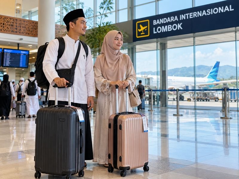Persiapan barang bawaan jamaah umroh sebelum keberangkatan melalui Bandara Internasional Lombok