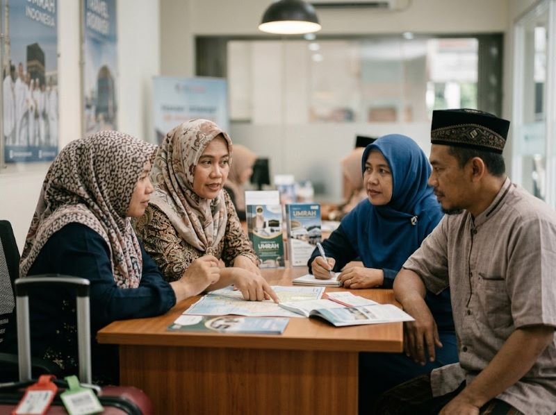 calon jamaah umrah diskusi tentang keberangkatan umrah