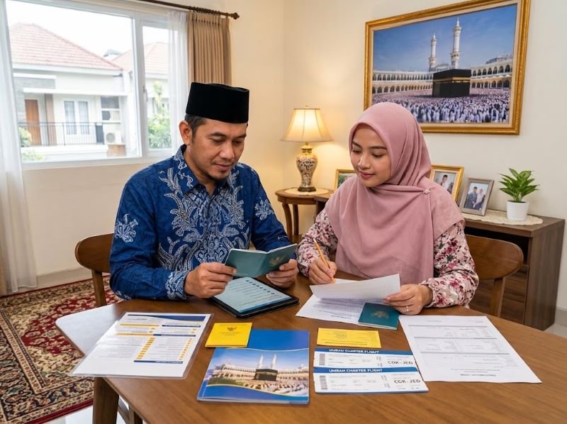calon jamaah umrah mengecek kelengkapan dokumen