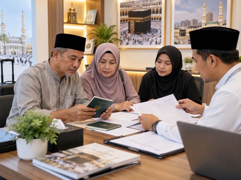amaah Sumbawa memeriksa dokumen perjalanan haji sebelum mendaftar