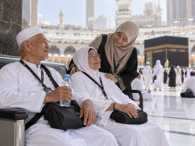 jamaah lansia beristirahat saat perjalanan umrah