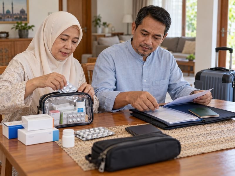 Jamaah menyiapkan obat dan dokumen kesehatan