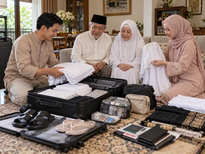 keluarga mempersiapkan perlengkapan umrah untuk orang tua