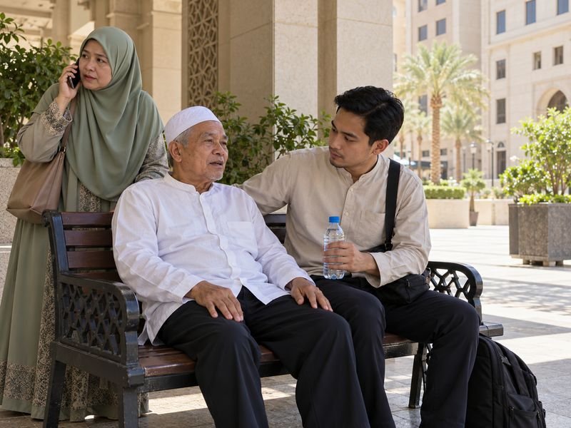 pendamping membantu jamaah beristirahat saat umrah